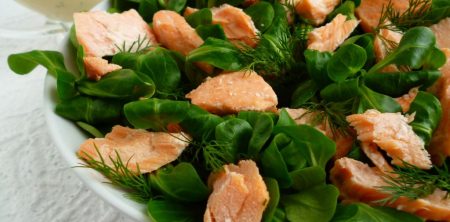 Łosoś na roszponce w koperkowym sosie