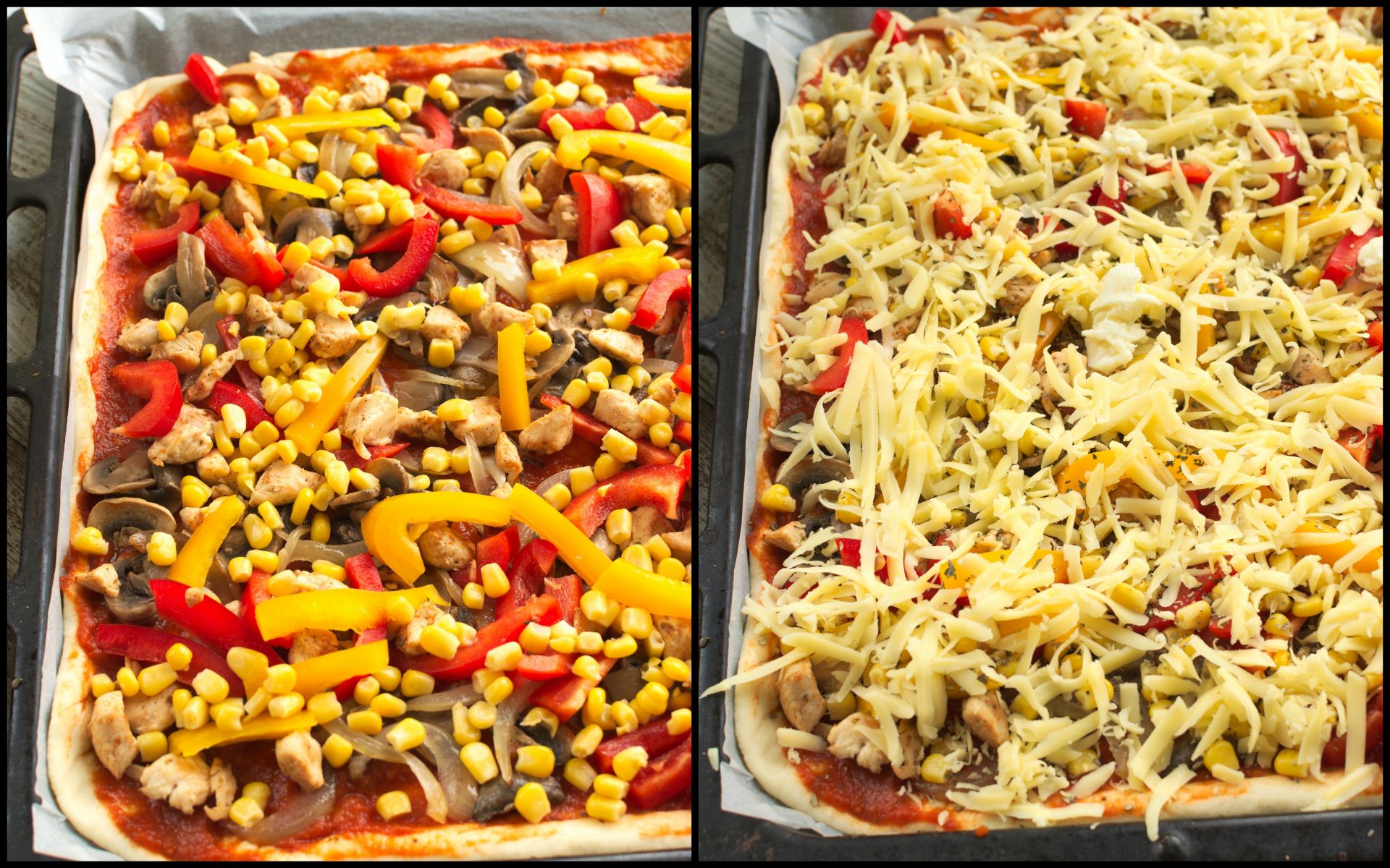 Następnie wykładamy podsmażonego kurczaka, paprykę i kukurydzę. Gotową pizzę posypujemy startym serem.