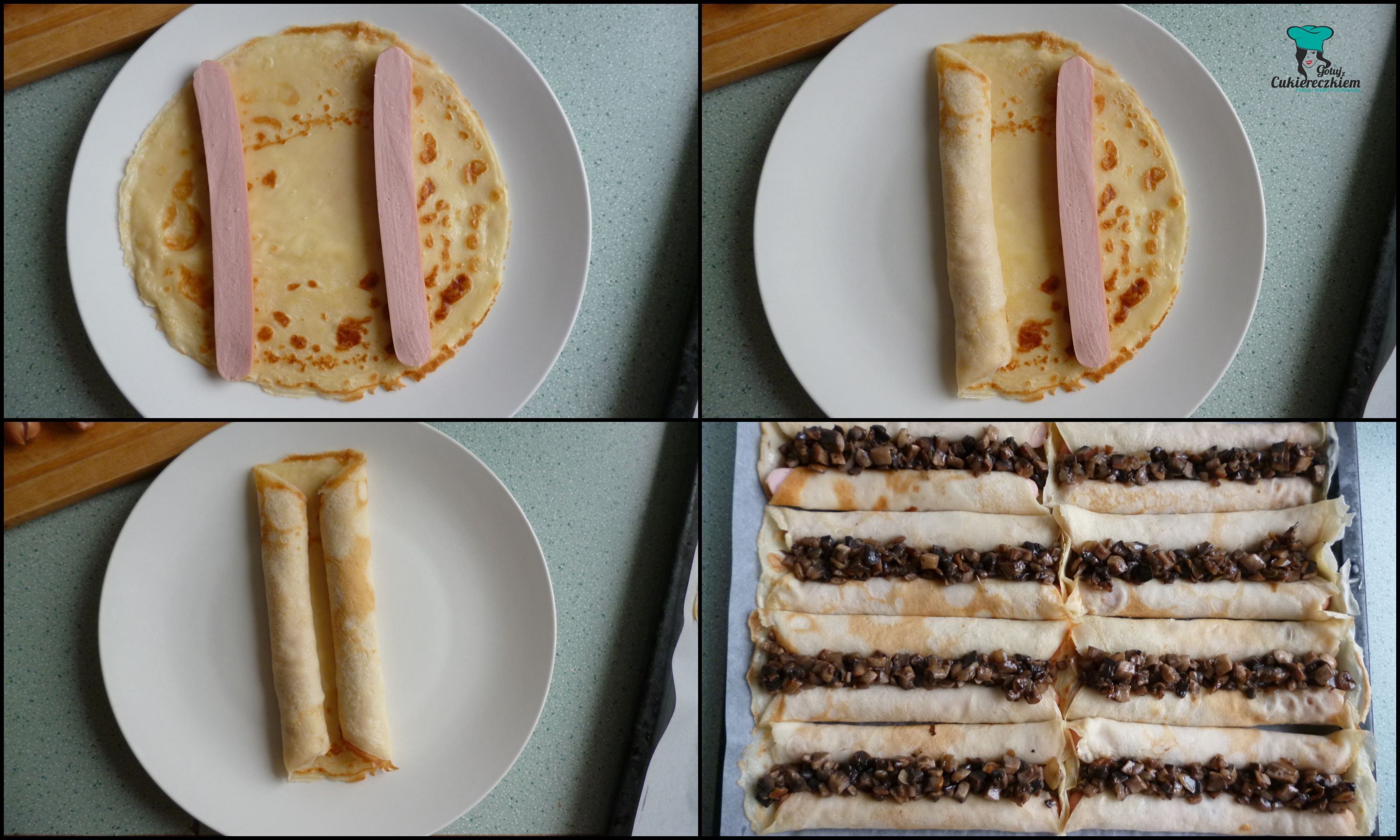 Parówki zapiekane w naleśnikach z pieczarkami