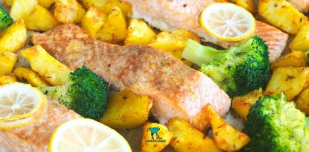 Łosoś cytrynowy pieczony z ziemniakami i brokułem
