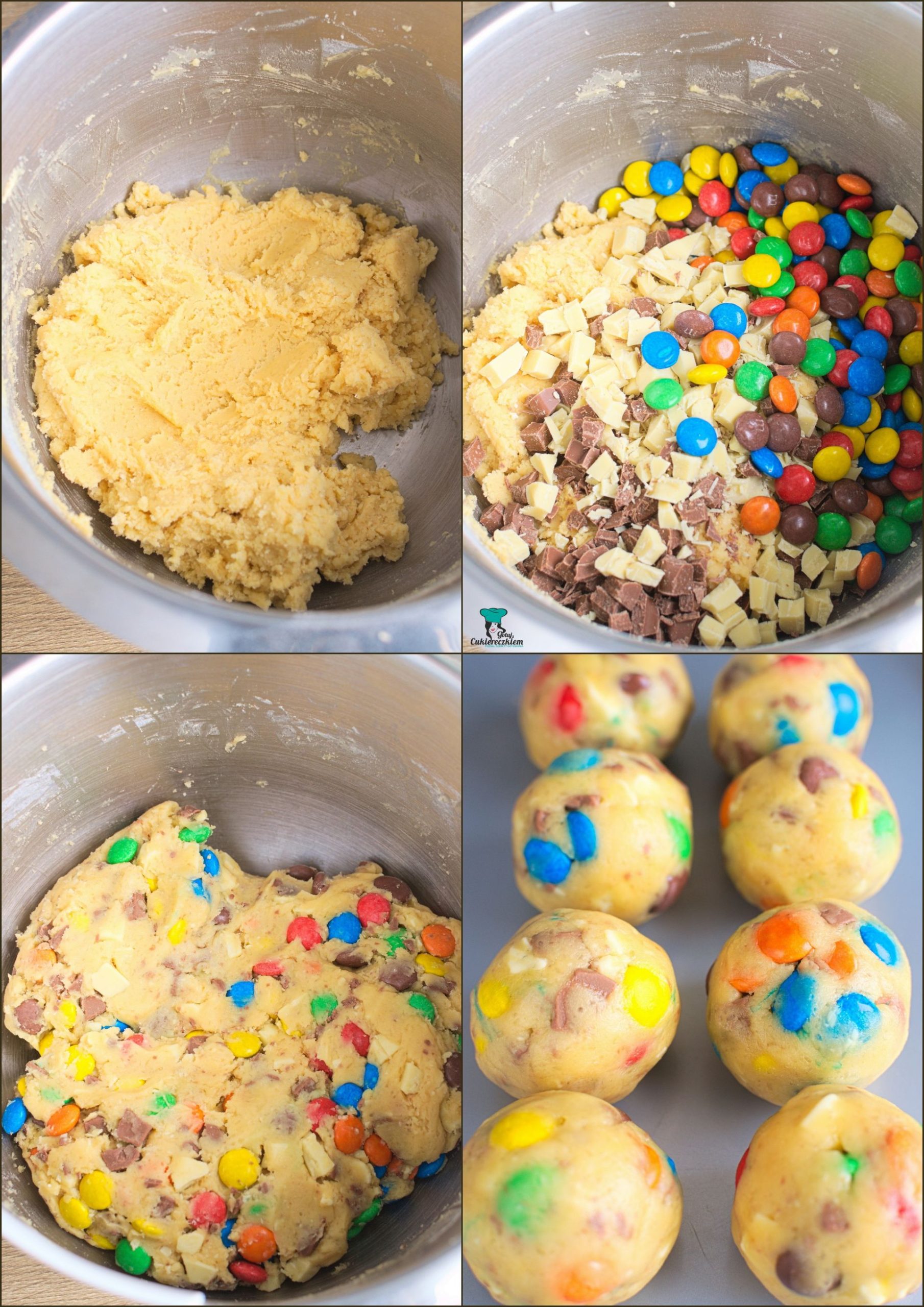 Przygotowanie ciasta na ciasteczka z m&m's i czekoladą