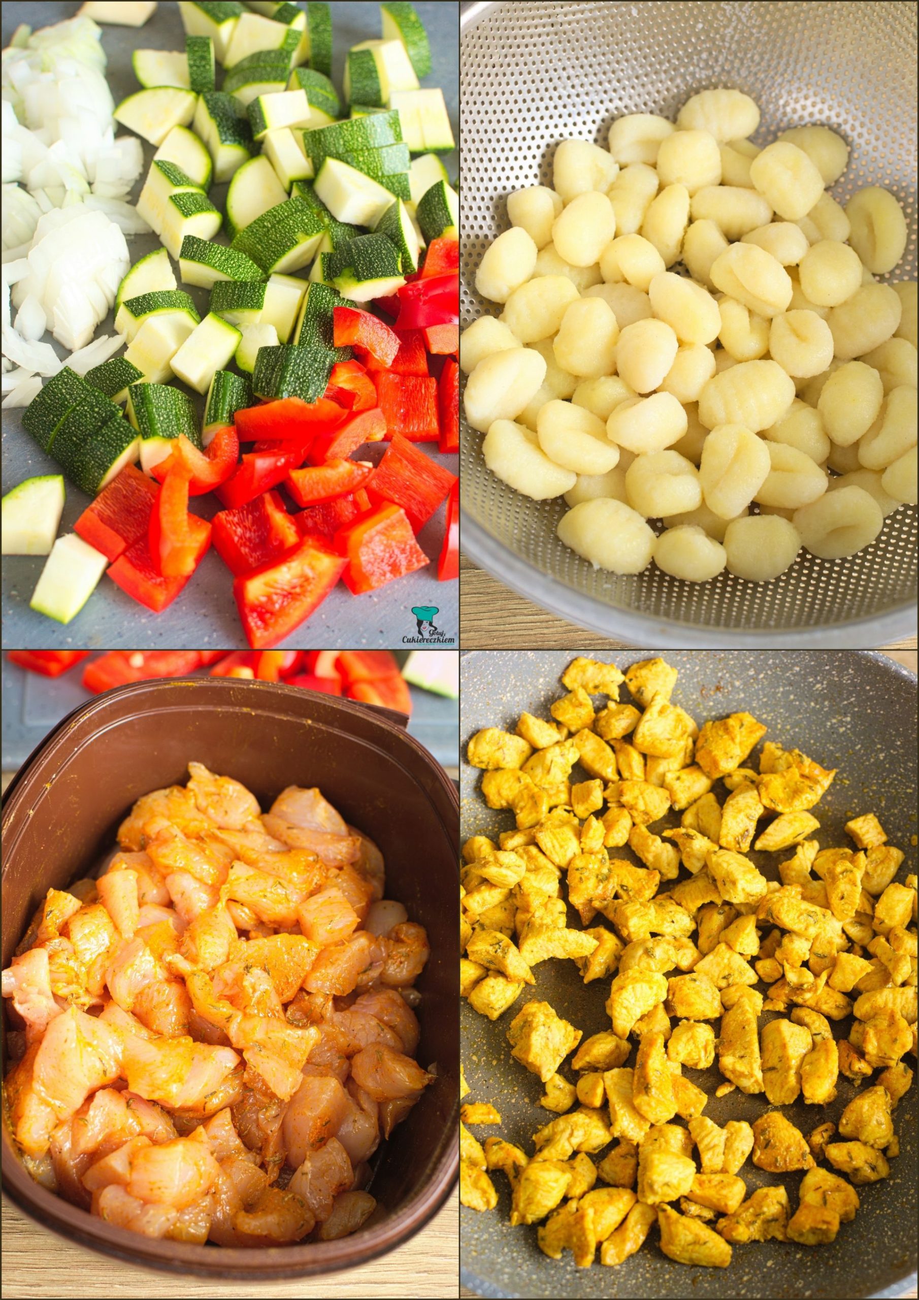 Kurczaka marynujemy i smażymy. Warzywa siekamy. Gnocchi gotujemy.