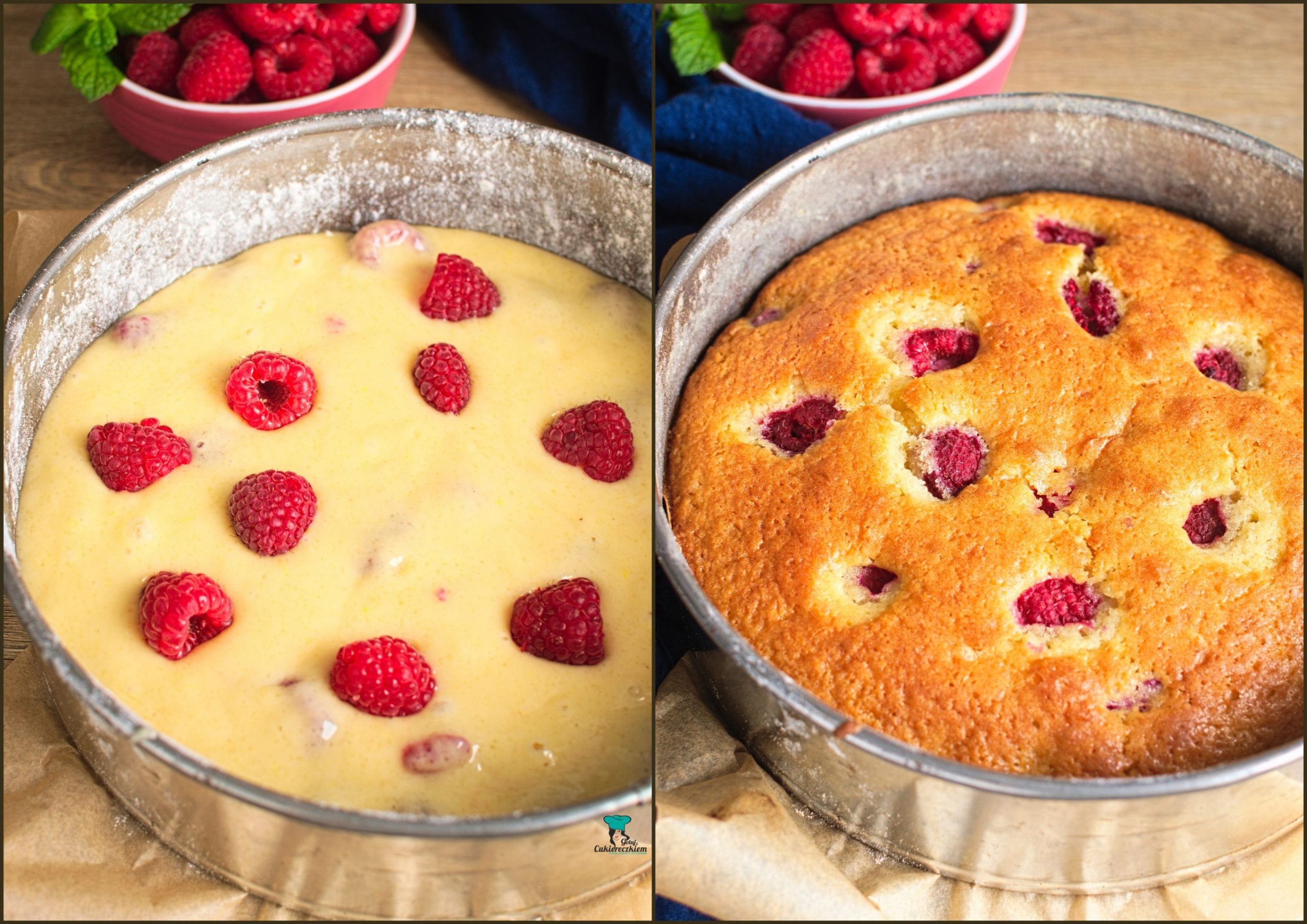 Ciasto z malinami przed i po upieczeniu