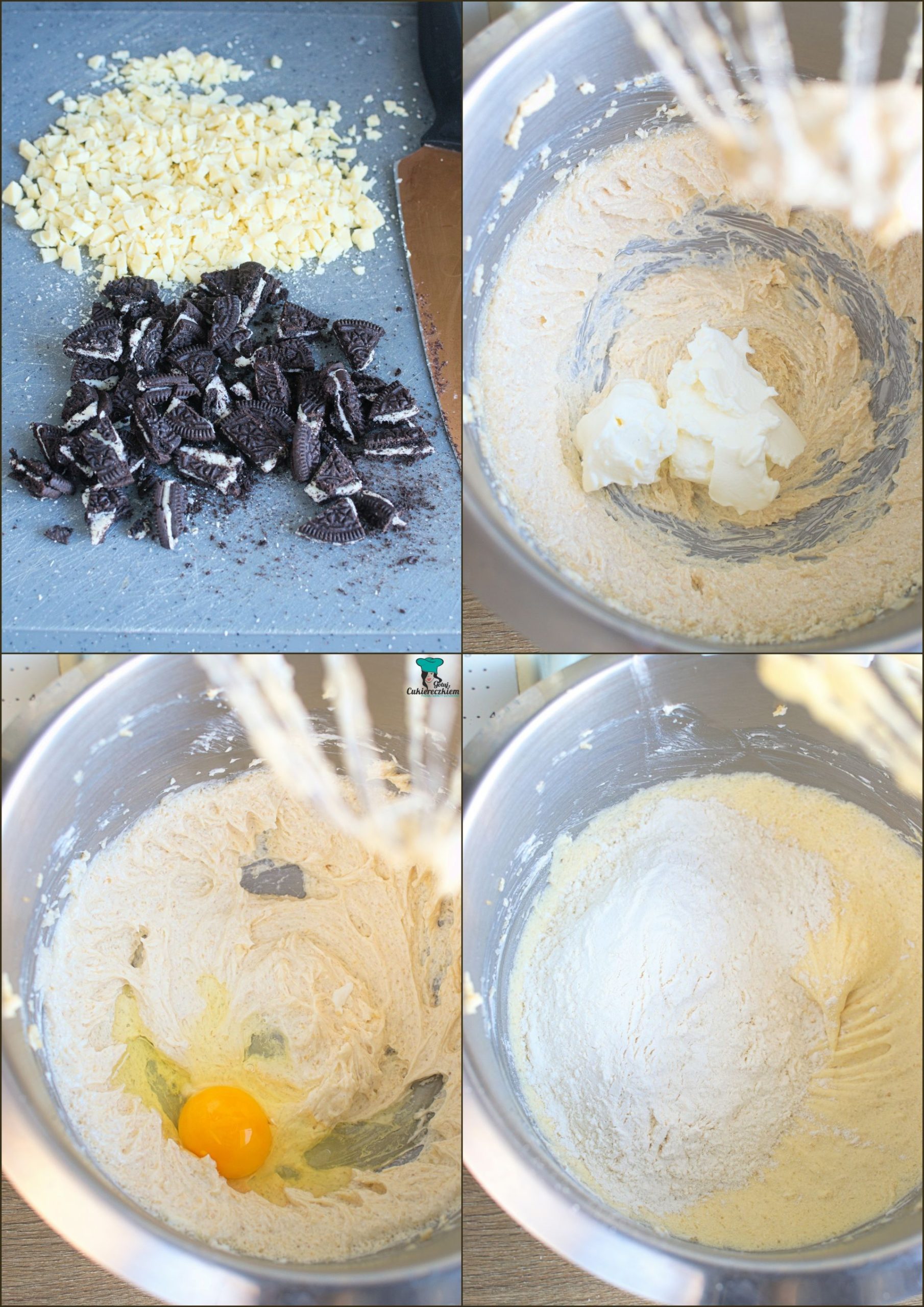 Oreo posiekaj, czekoladę drobno pokrój, a masło utrzyj cukrem.