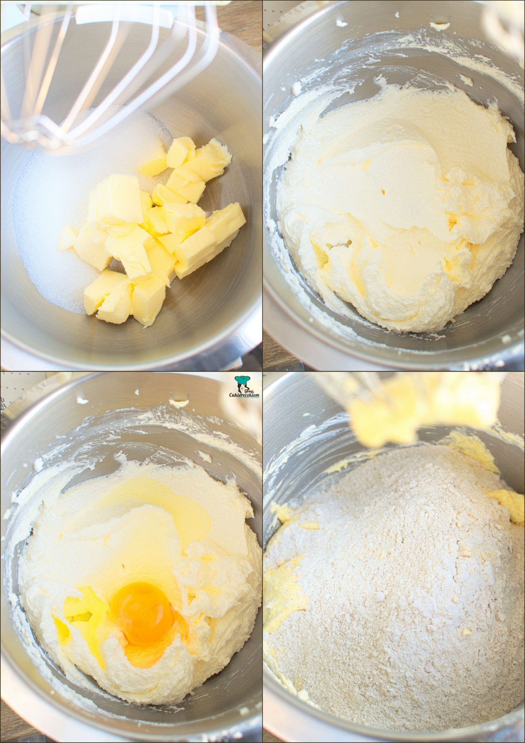 Masło utrzyj z cukrem, a potem z jajkami. Dodaj suche składniki.