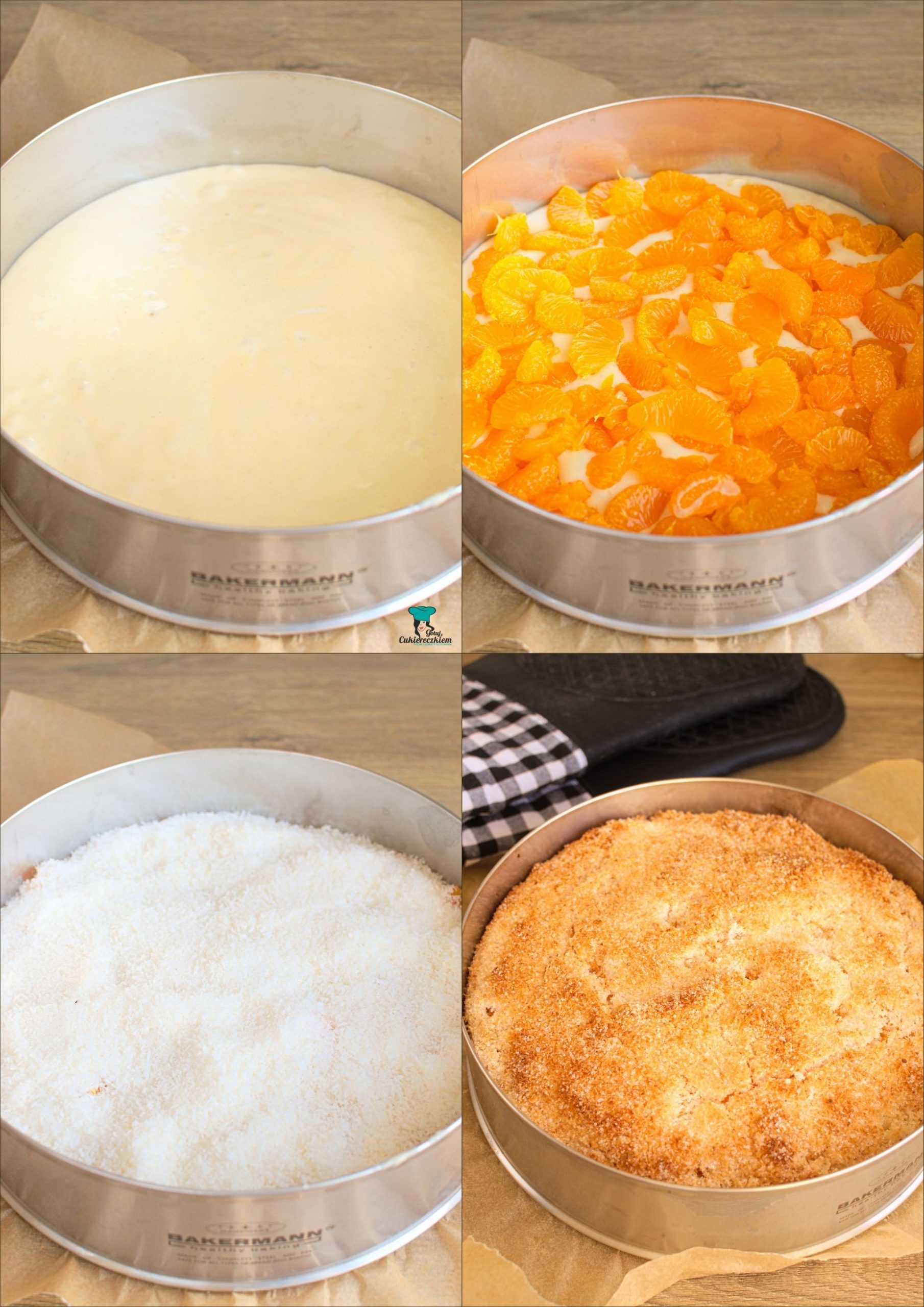 Ciasto z mandarynkami przed i po upieczeniu
